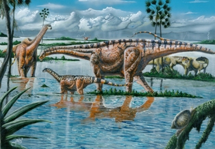 Imagem de cenário do período dos Dinossauros da especie Amasonssauros
